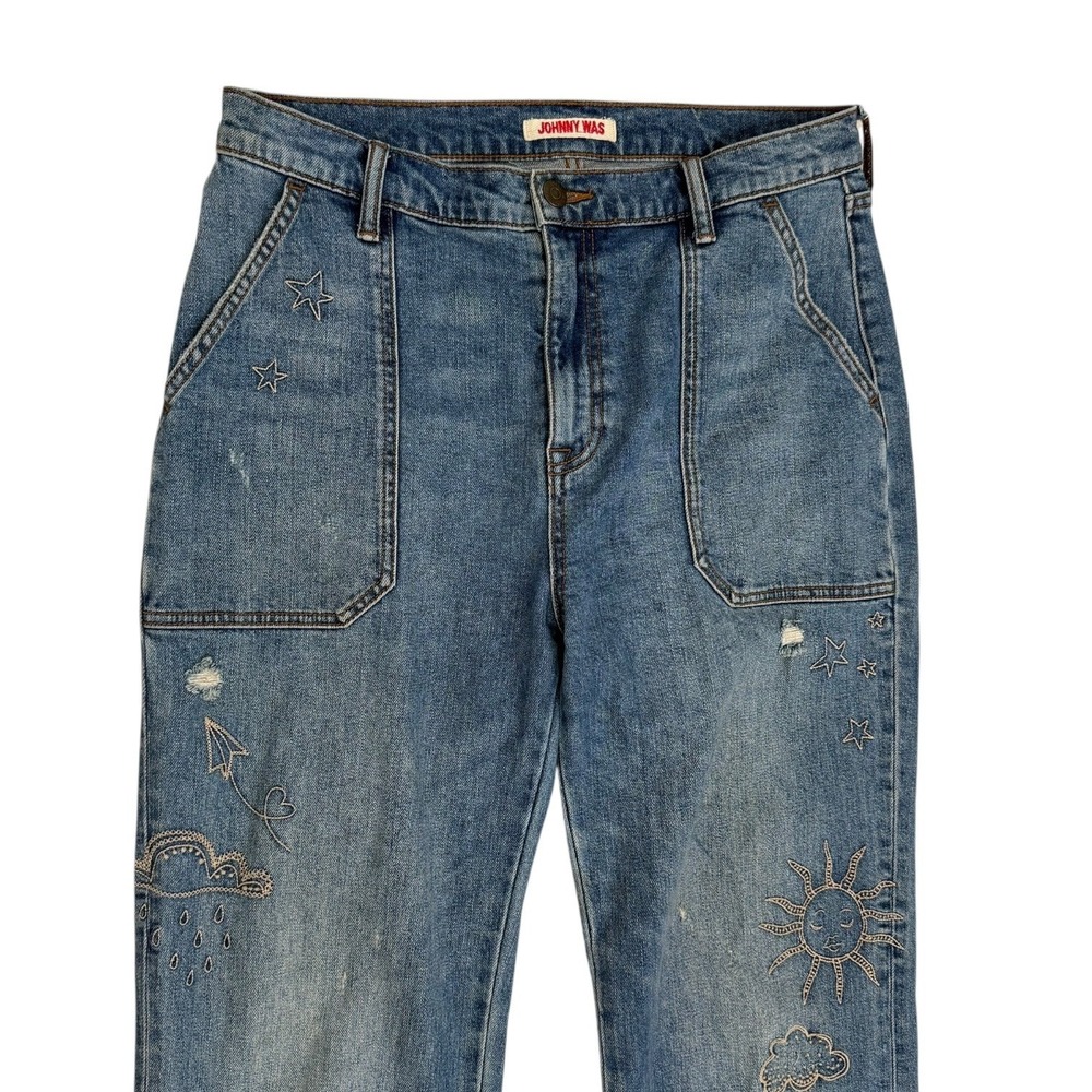 Johnny Was Embroidered Jeans Size 28 Sovanna Worker Relaxed Fit Straight Leg - Picture 2 of 9